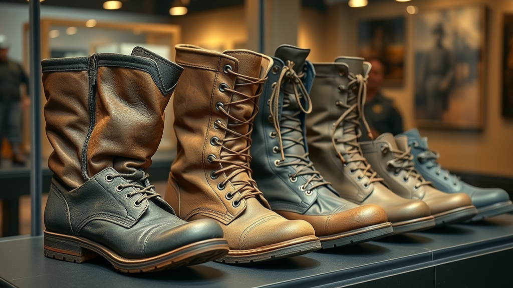 Military Boot Evolution: Old and New historical military boot displayed next to modern tactical boots for veterans, detailed indoor contrast