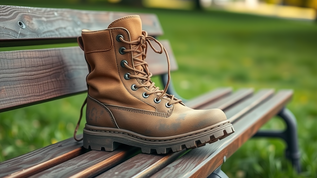 Rugged Tactical Boots for Veterans rugged tactical boots for veterans resting on a wooden bench with green grass in the background, photorealistic