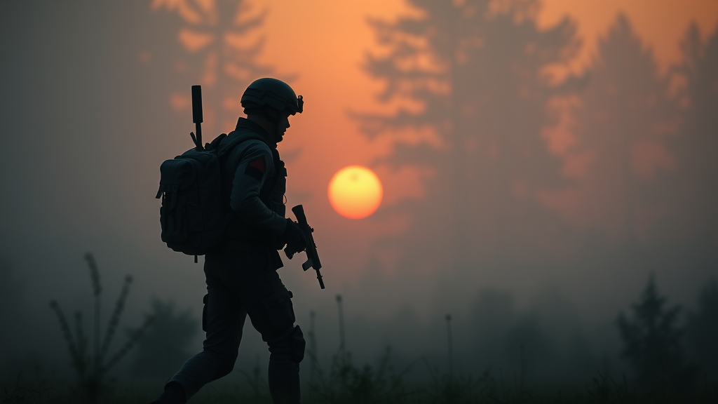 Silhouette of elite military operator carrying sleek military‑grade tactical backpack in misty sunrise forest