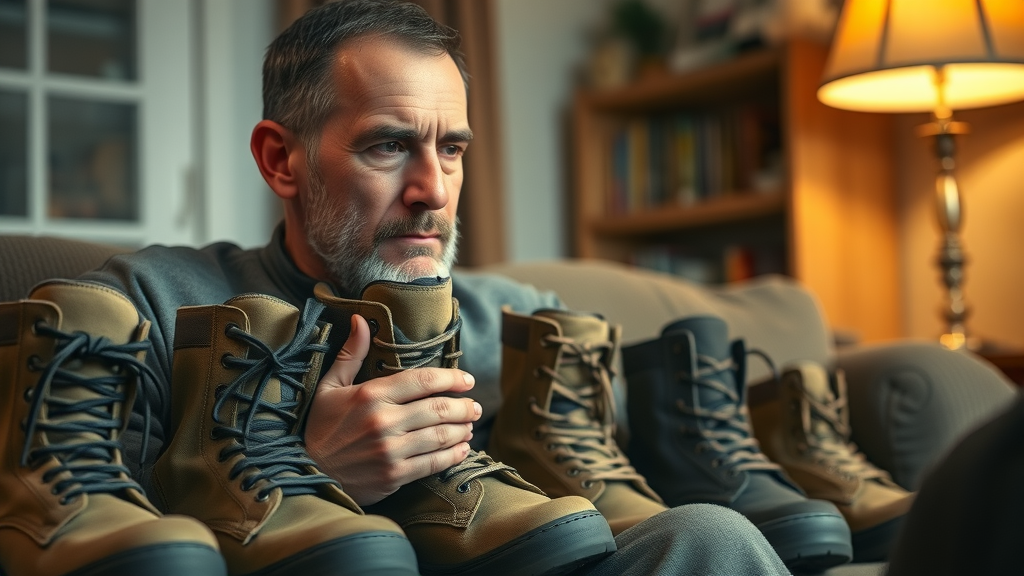Choosing the Right Tactical Boot for Veterans thoughtful veteran looking at different tactical boots for veterans lined up in a home setting
