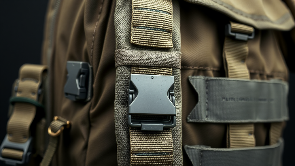 Close-up MOLLE webbing on military‑grade tactical backpack with reinforced stitching and rugged material