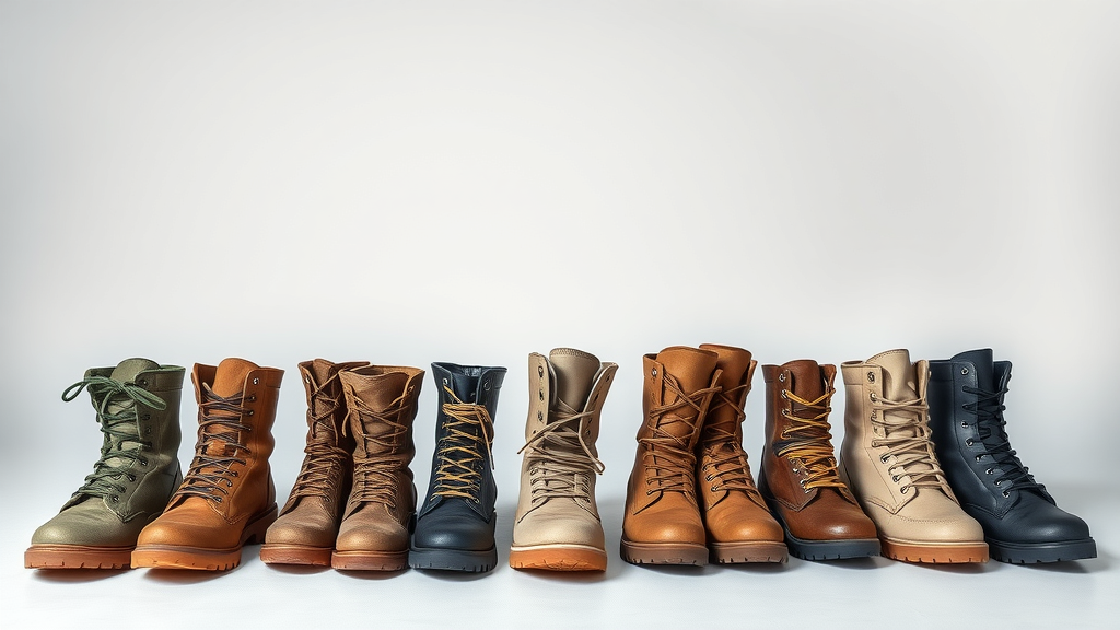 Different Types of Tactical Boots for Veterans variety of boots—military combat, army, and civilian tactical boots for veterans arranged in a row