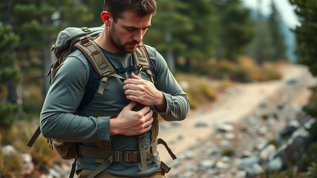 Experienced hiker securing military‑grade tactical backpack on rugged outdoor trail with visible durability features