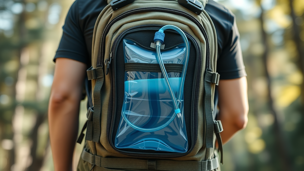 Cutaway tactical backpack showing hydration bladder system with clear water reservoir and hose surrounded by rugged outdoor setting