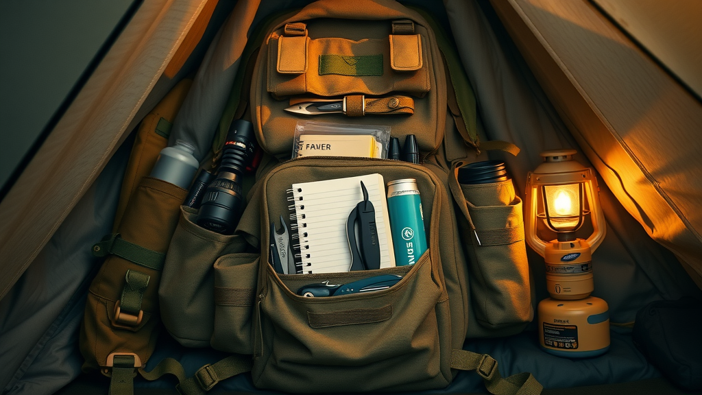 Tactical backpack for military-grade use, organized with open compartments showing survival tools and gear in a tent lit by lamp