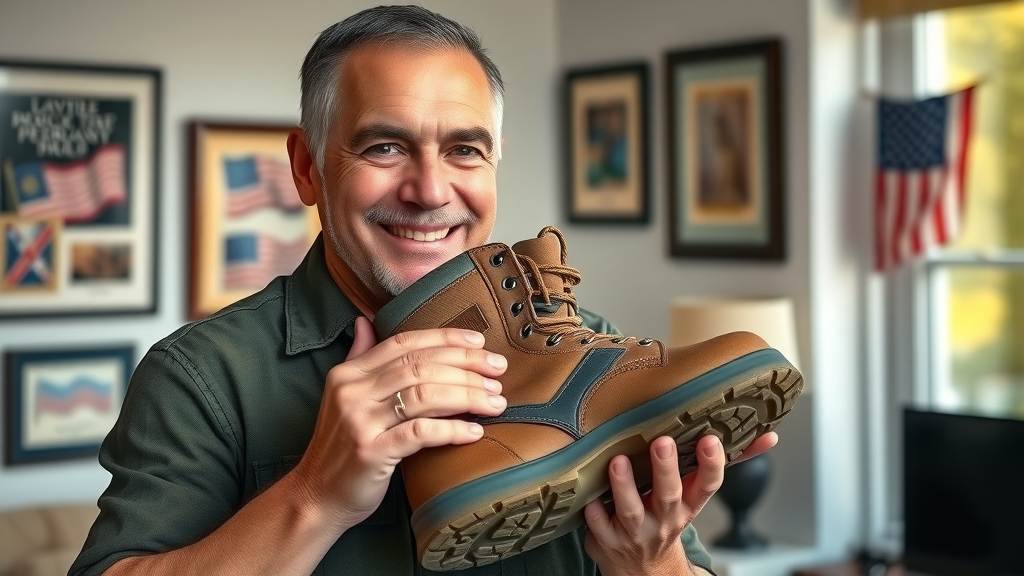 Best Military Boot for Veterans confident veteran holding top-rated tactical boots for veterans, framed patriot memorabilia