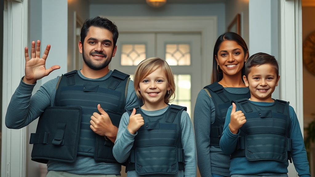 prepared family displays lightweight body armor vests in a residential foyer for home defense