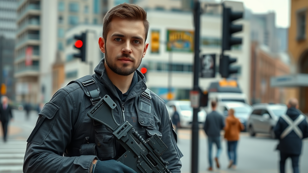 urban civilian standing on city corner in modern tactical clothing and gear, tactical lifestyle gear