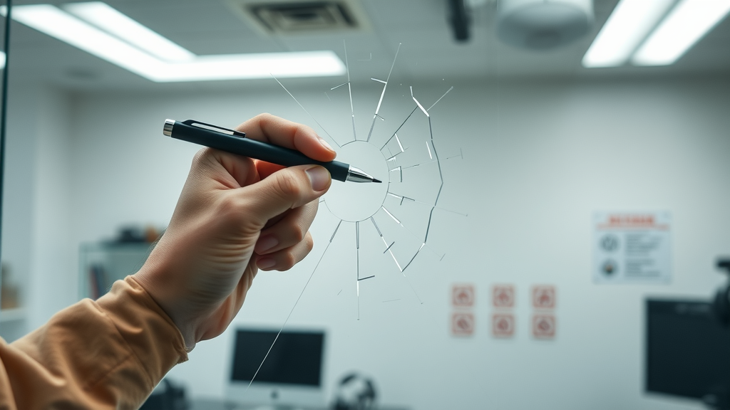 hands-on tactical pen test, person poised to break a glass simulator panel in well-lit lab