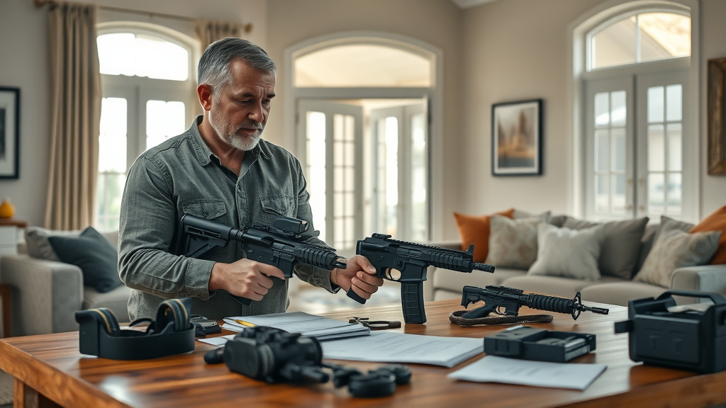 tactical gear for home defense laid out on a table with a homeowner reviewing equipment near a front door in daylight