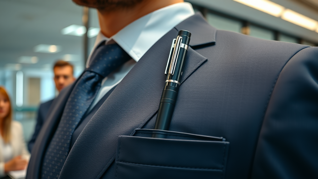 fashionable tactical pen clipped to designer suit pocket in corporate office environment