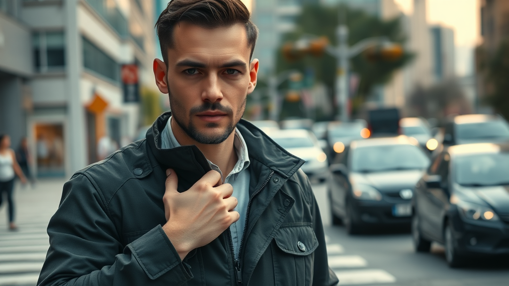 modern city commuter adjusting tactical jacket pocket, tactical clothing urban ghost colorway
