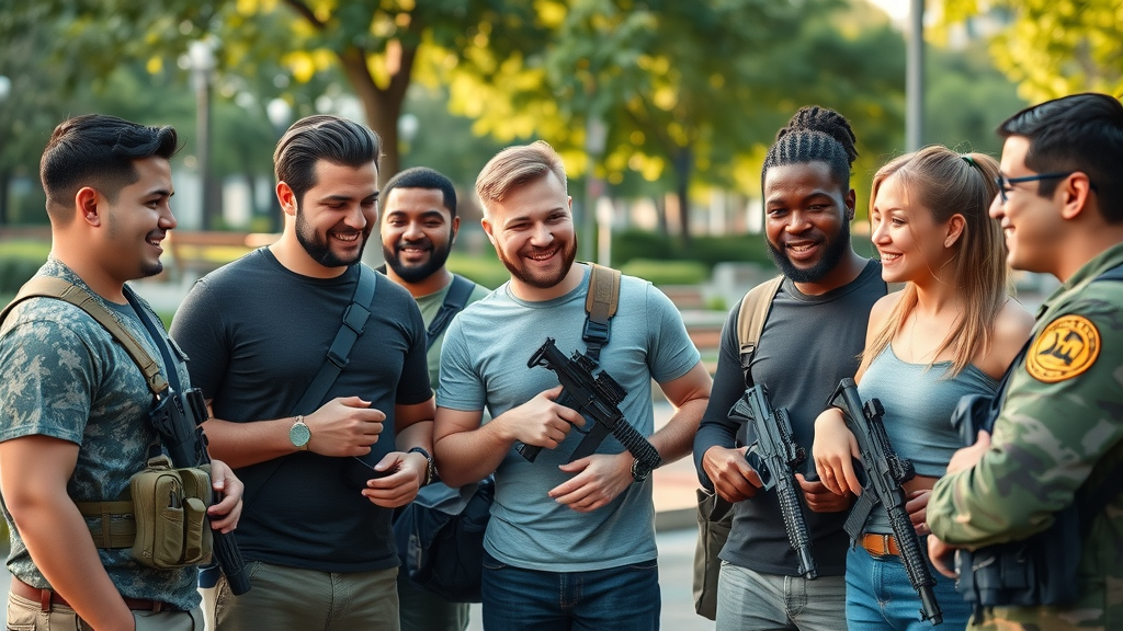 diverse group of adults comparing tactical clothing and gear, tactical lifestyle gear