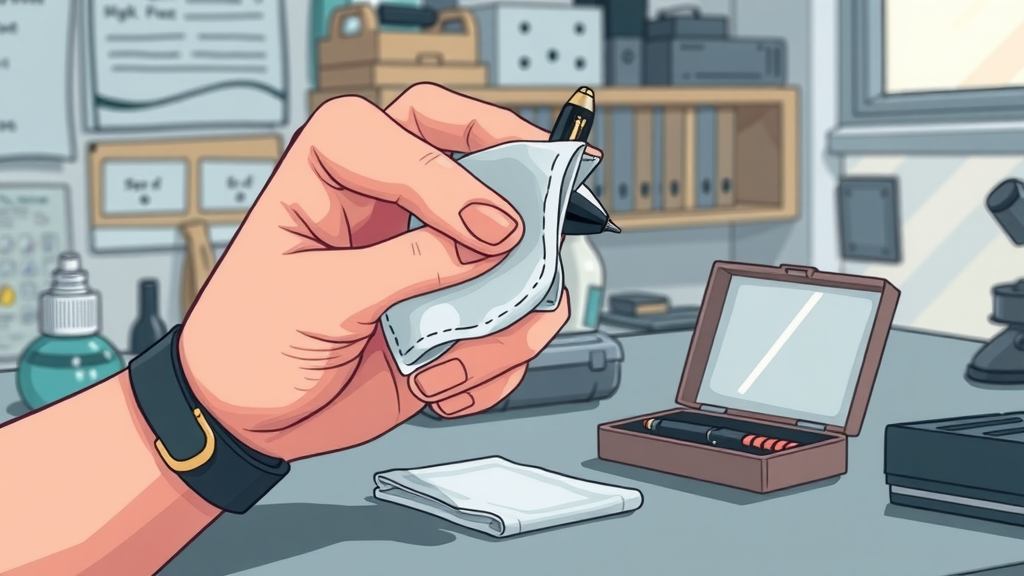 maintenance of tactical pen, hand using microfiber cloth to clean pen with cleaning supplies