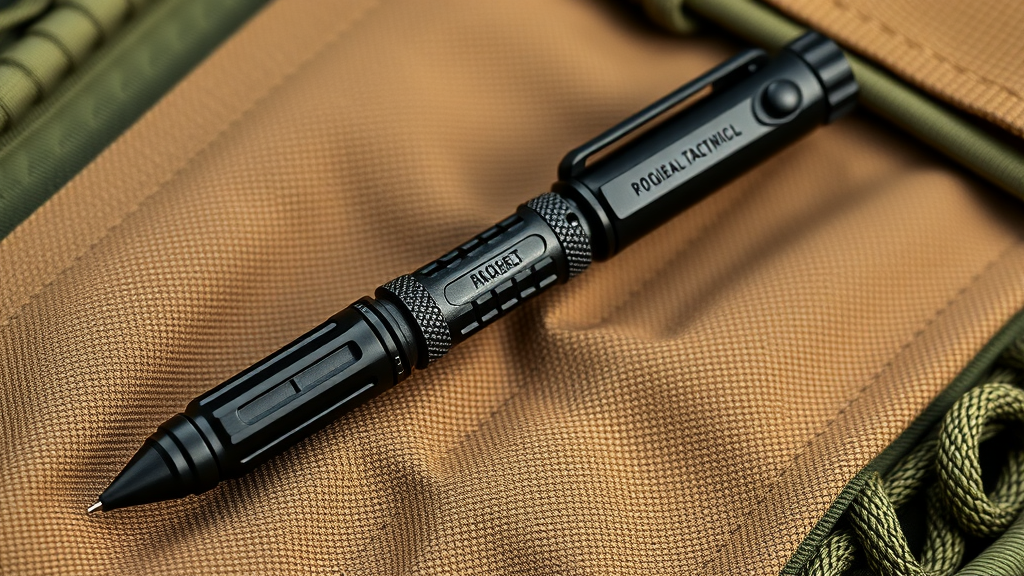 rugged atomic bear tactical pen on military-style fabric with MOLLE webbing and paracord