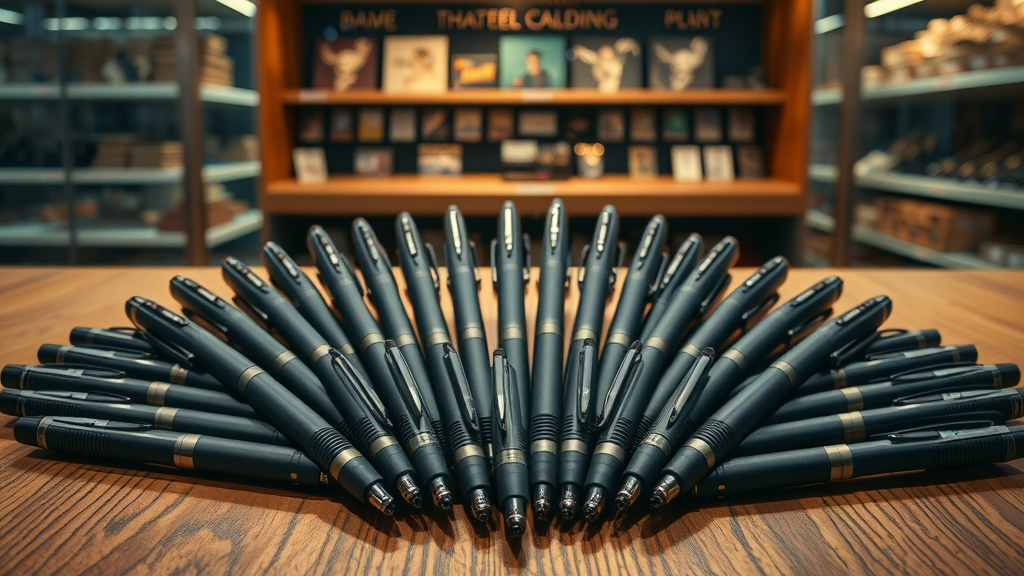 array of tactical pens displayed fanned out on a wooden tabletop in a store environment