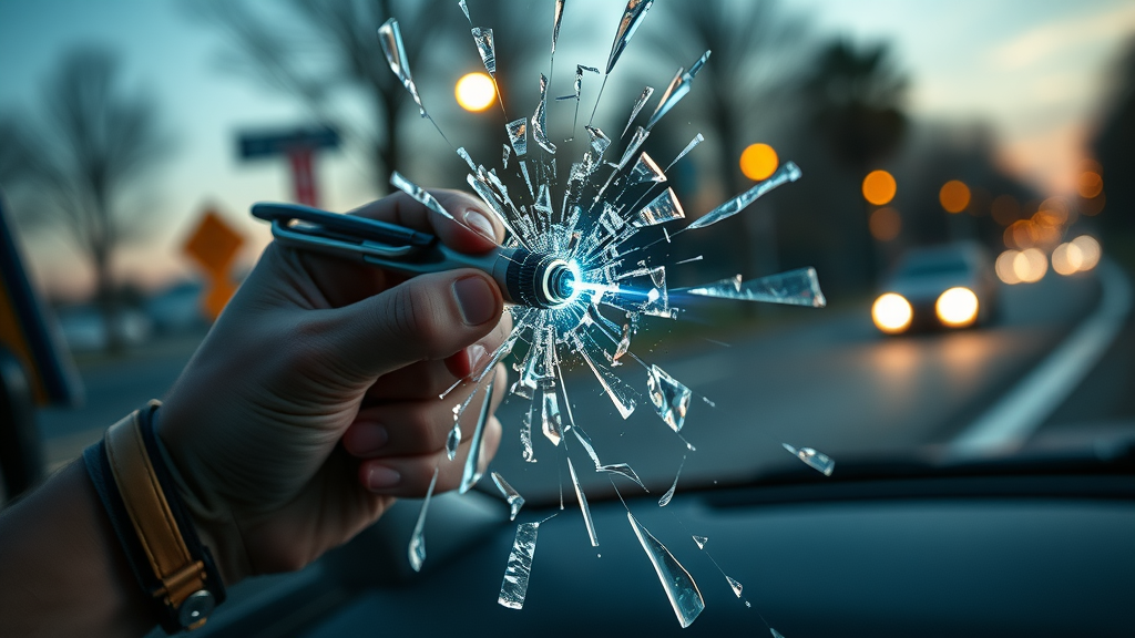 tactical pen breaking glass, emergency roadside use, metallic blue highlight and dusk lighting
