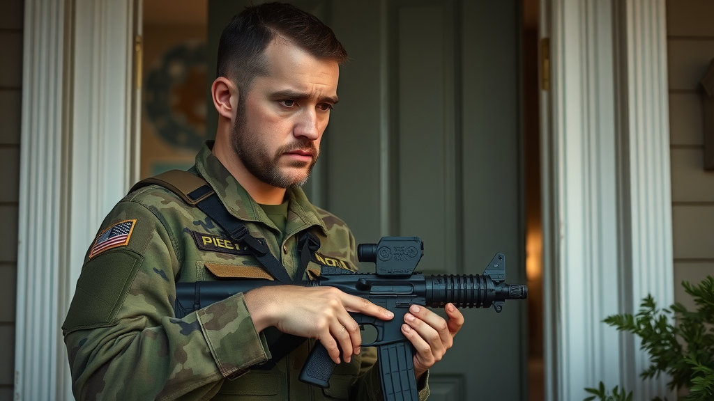 ex-military homeowner places tactical gear by the entryway for home defense readiness