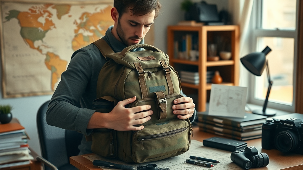 organized civilian packing tactical EDC backpack on tidy desk, tactical lifestyle gear