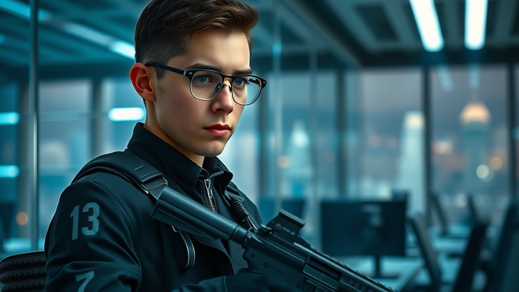 young professional multitasking in modern office with tactical gear, tactical clothing for civilians