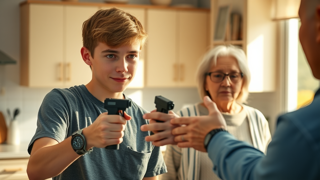 teenager and elderly family member learning pepper spray use for home defense scenarios