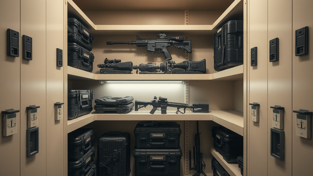 organized storage room with locked shelves holding tactical gear for home defense neatly in modern closet