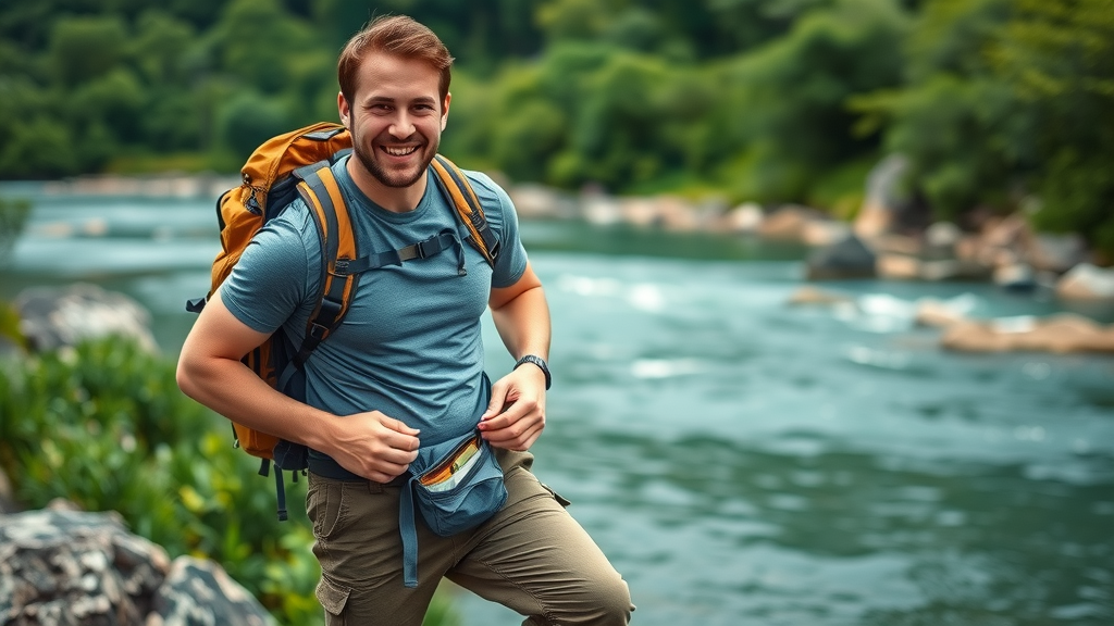 prepared hiker using hip belt hip pocket dry bags comfort how to pack a backpack for hiking riverside vegetation