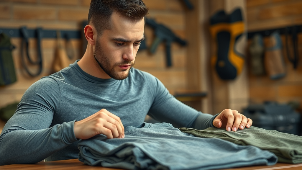 athletic man selecting tactical base layer shirt, best base layer material for everyday tactical clothing