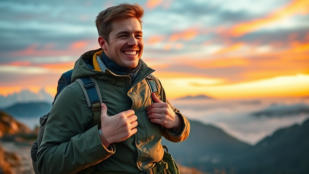 male hiker step-by-step layering tactical clothing for day-to-day use on a mountain trail