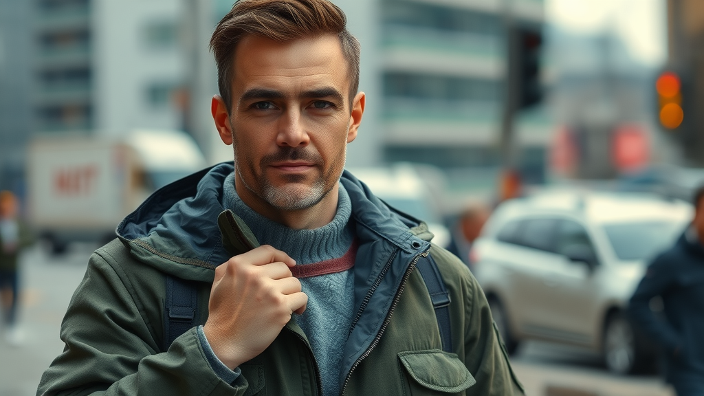 urban male model adjusting layered tactical jacket and base layer in changing weather conditions, tactical clothing system