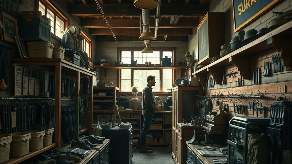 vintage military surplus store interior with affordable tactical gear displays